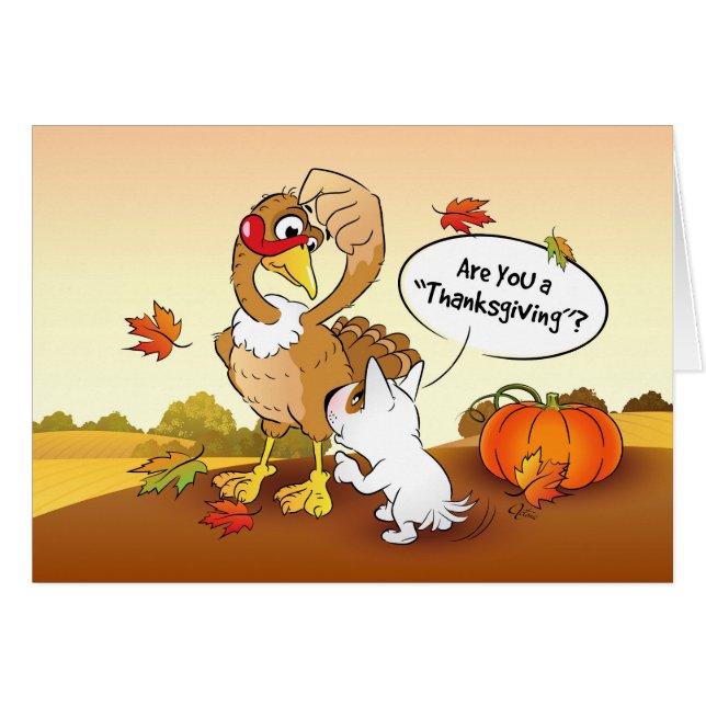 Drôle Bull Terrier Cartoon Thanksgiving Card (Devant horizontal)