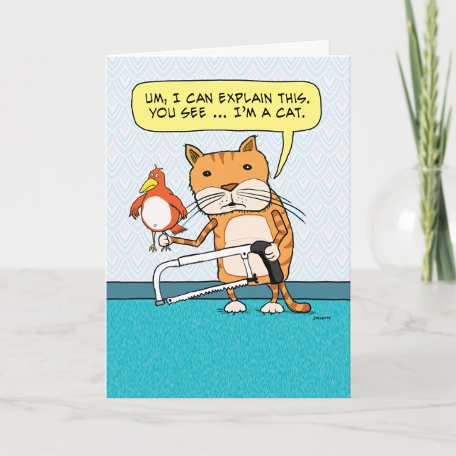 Drôle Chat Hacksaw Explication Carte d'anniversair (Devant)
