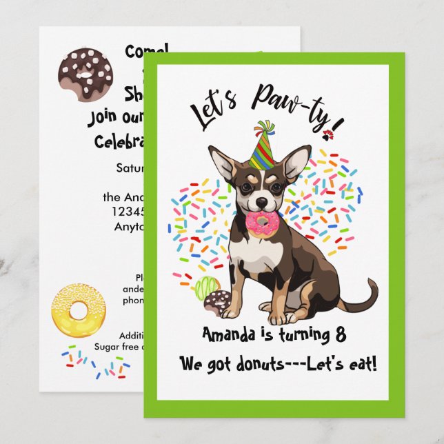 Drôle Chihuaha Donuts Anniversaire Fête Invitation (Devant / Derrière)