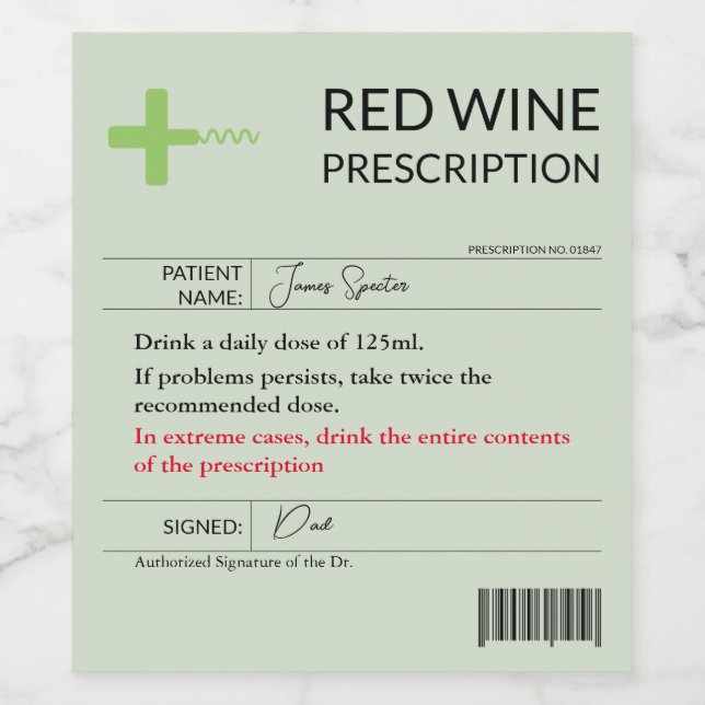 Drôle Étiquette Vin Prescription Rouge Blanc Rose  (Étiquettes simples)