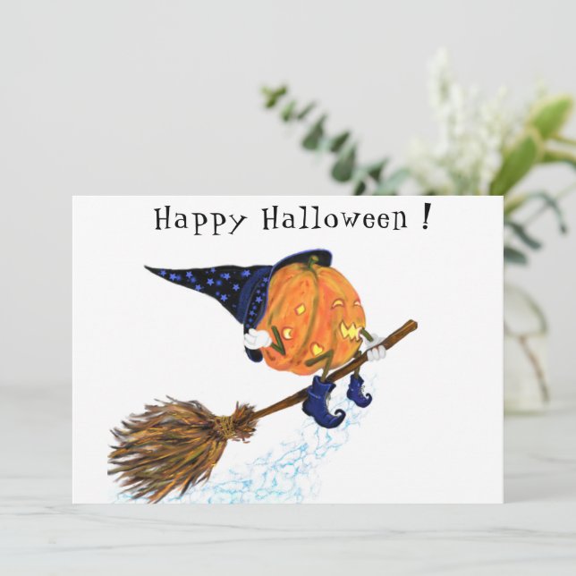 Drôle Halloween carte avec Citrouille sorcier vol (Debout devant)