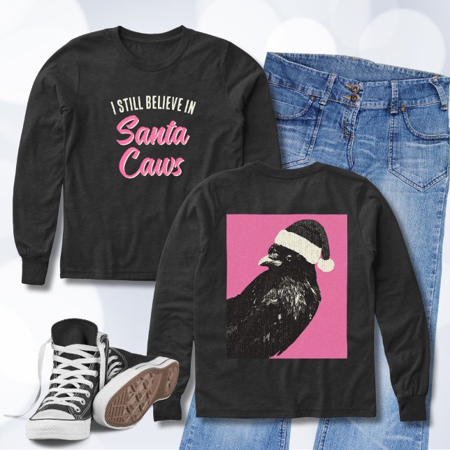 Drôle je crois en Père Noël Caws à manches longues (A pink and black girls' longsleeve t-shirt perfect for the holiday season features Santa Caws!)