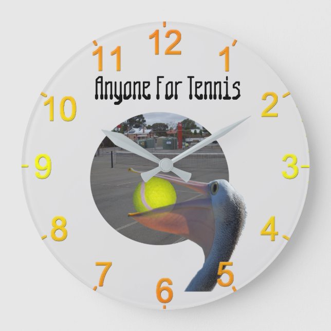 Drôle joueur de tennis Pelican, horloge murale (Recto)