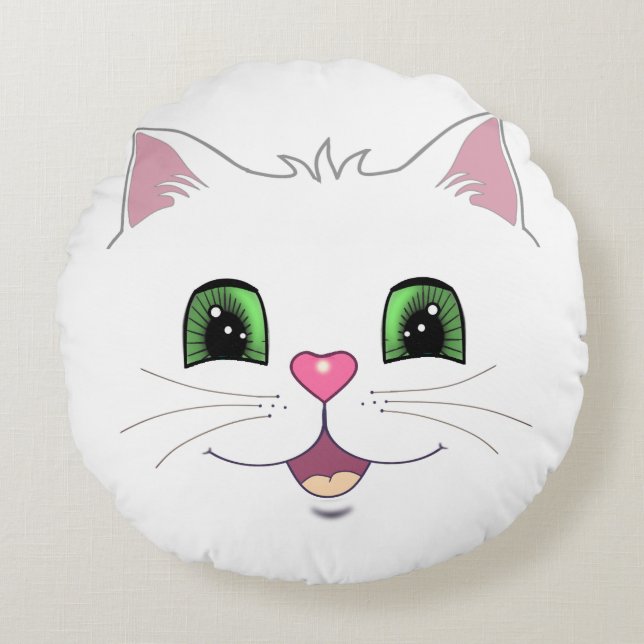 Drôle mignon visage de chat sur coussin rond blanc (Devant)