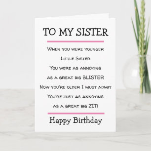 Drôle Petite Soeur Cheeky Verse Carte Anniversaire