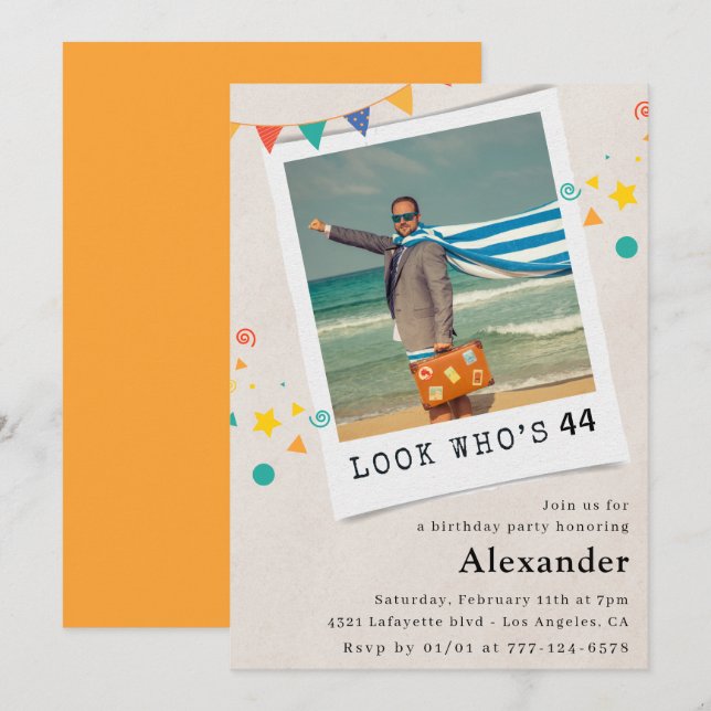 Drôle Photo 44e anniversaire invitations Hommes (Devant / Derrière)