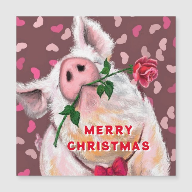 Drôle Pig Carte de Noël Gentleman avec Rose (Devant)