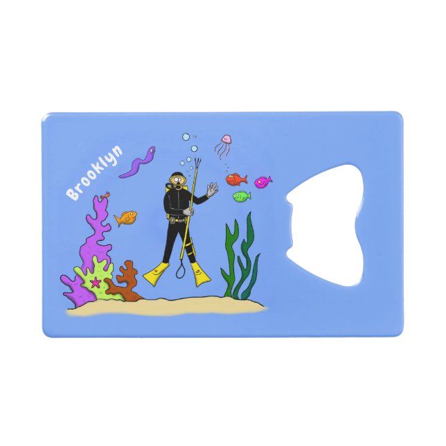 Drôle plongeur et poisson mer créatures dessin ani (Devant (Horizontal))
