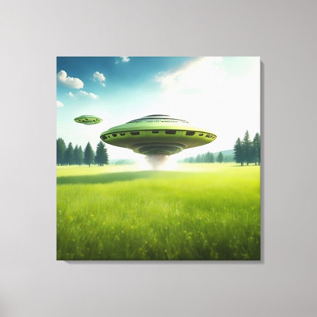 Drôle toile aliens OVNI sur une prairie verte (Recto)