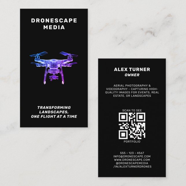 Drone UAV Pilot Fotografie QR Code Modernes Schwar Visitenkarte (Vorne/Hinten)