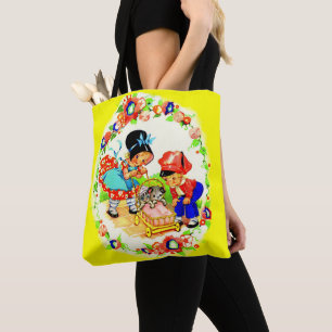 Druck auf Mädchen und Jungen und Kätzchen und Welp Tasche
