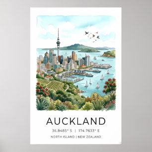 Druck der Auckland-Skyline, Küsten-Wasserfarbenkun Poster