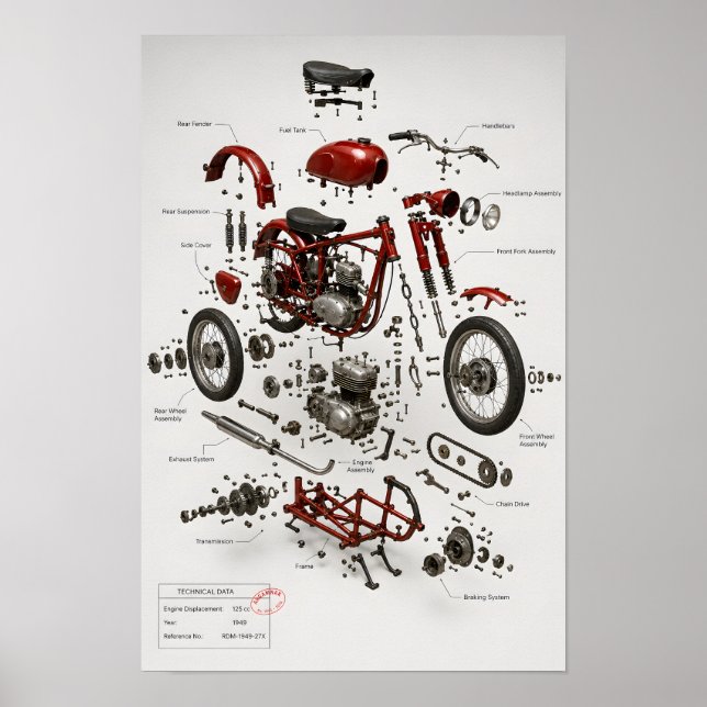 Druck einer technischen Explosionszeichnung eines  Poster (Vorne)