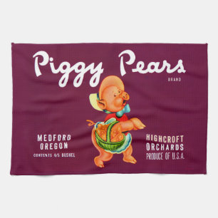 Druck eines Fruchtkistenlabels für Piggy Pears Geschirrtuch