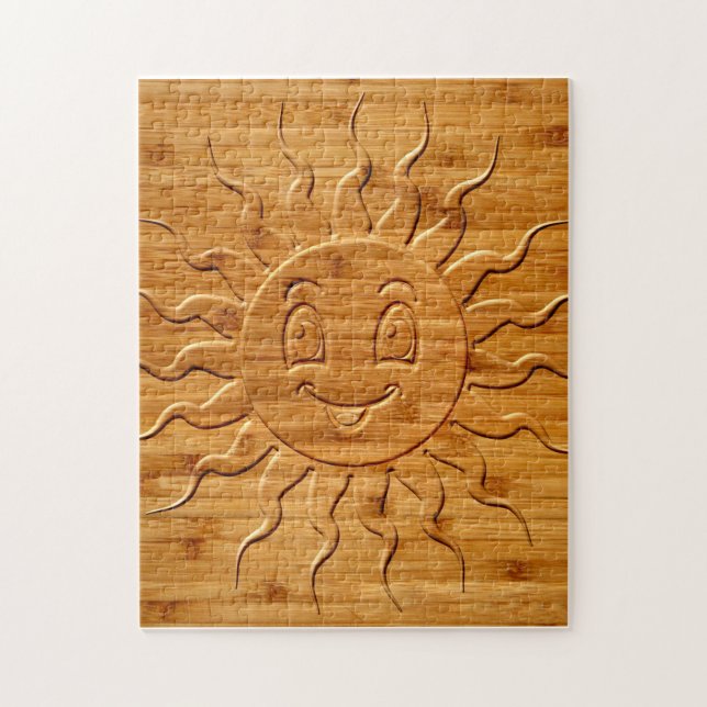 Druck eines lächelnden Sonnengesichts aus Holz (Vertikal)