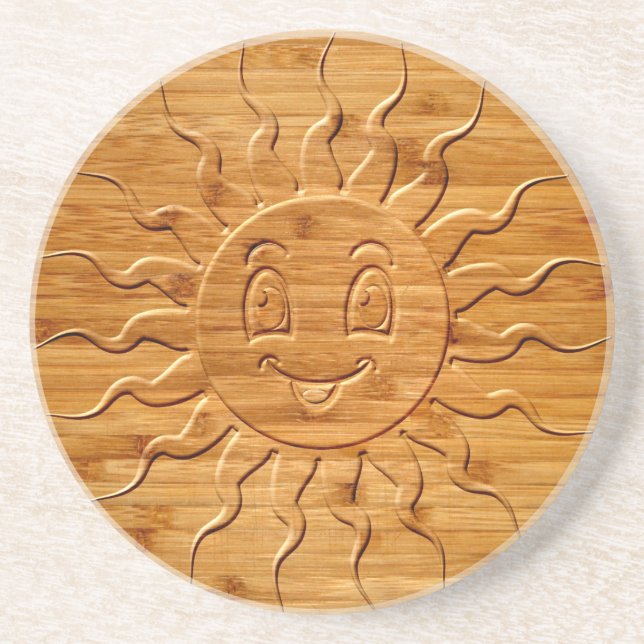 Druck eines lächelnden Sonnengesichts aus Holz Getränkeuntersetzer (Vorne)