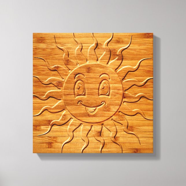 Druck eines lächelnden Sonnengesichts aus Holz Leinwanddruck (Vorderseite)