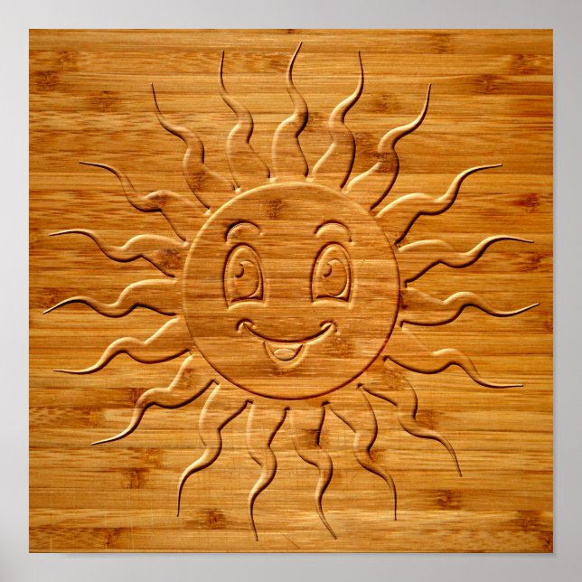 Druck eines lächelnden Sonnengesichts aus Holz Poster (Vorne)