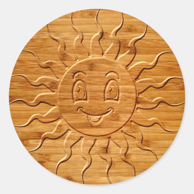 Druck eines lächelnden Sonnengesichts aus Holz Runder Aufkleber (Vorderseite)
