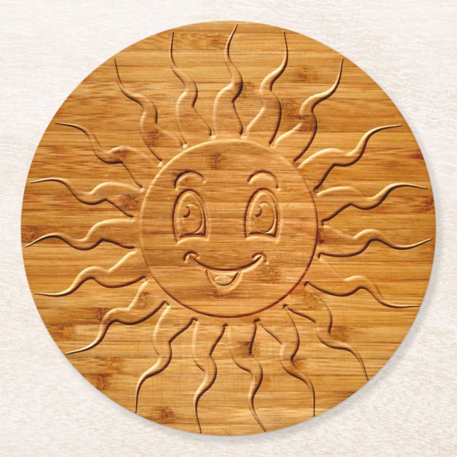 Druck eines lächelnden Sonnengesichts aus Holz Runder Pappuntersetzer (Vorderseite)