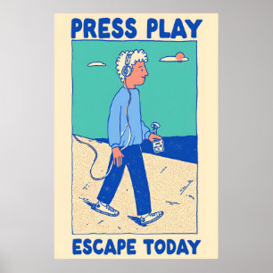 Drück Play Poster Retro Walkman Kunstprint – Musik