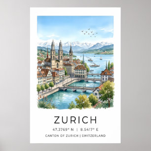 Druck Stadtansicht Zürich Schweizer Reiseillustrat Poster