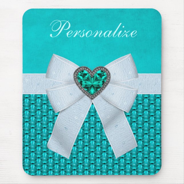 Druckaquamarine-Herz-Imitat-Juwel u. Bogen Mousepad (Vorne)