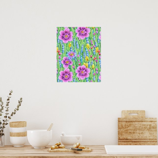 Druckbare nahtlose Blume Aquarellmalerei Poster (Küche)