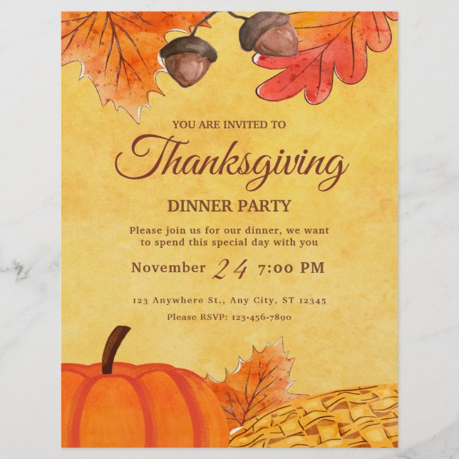 Druckbare Orange Kürbis Thanksgiving-Dinnerparty Flyer (Vorne)