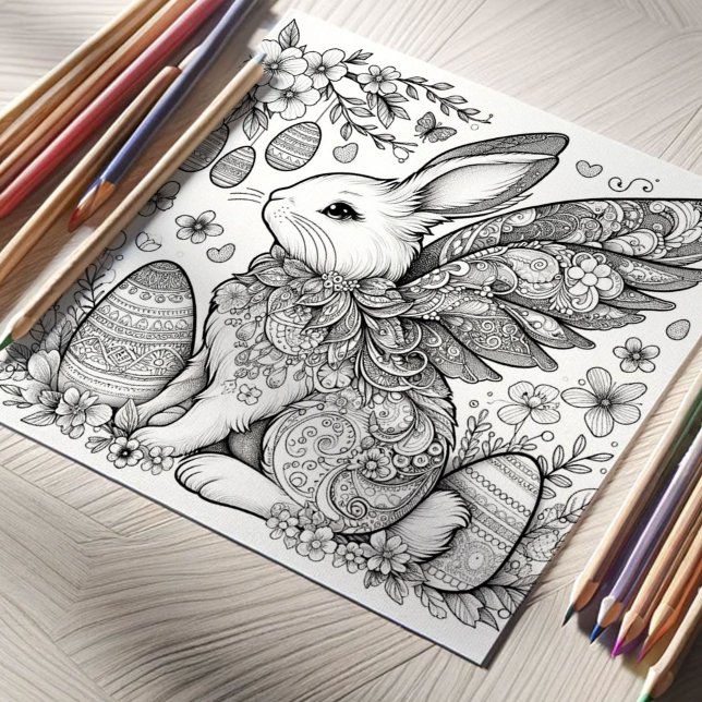 Druckbare Seiten für kreative Osterfarben Poster (Easter coloring pages for adults printable magical bunny rabbit and Easter eggs Do Tell A Belle)