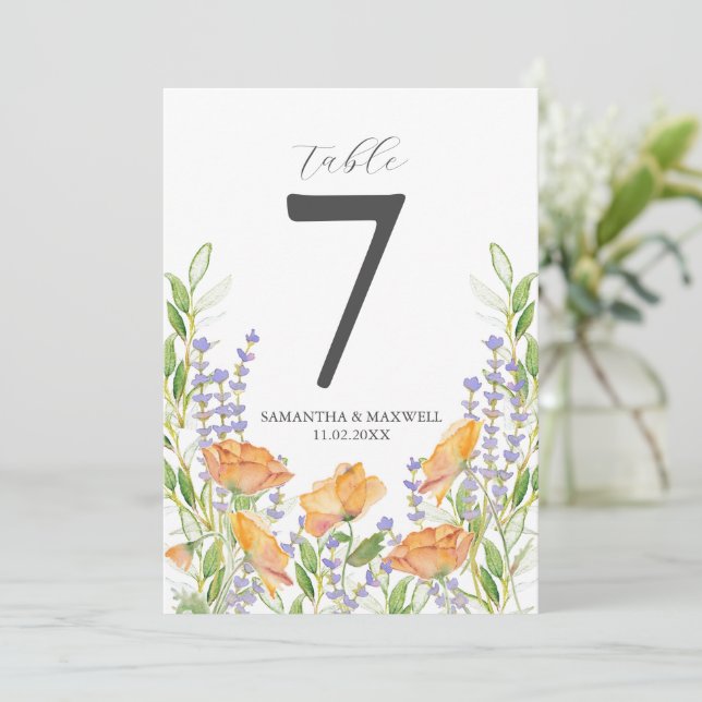 Druckbare Tischnummer Wasserfarben-Blume (Stehend Vorderseite)