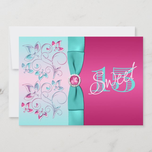 DRUCKbogen Rosa, Aqua BlumenQuinceanera laden ein Einladung (Vorderseite)