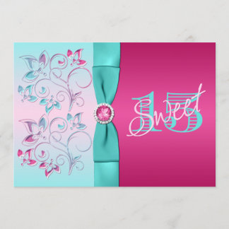 DRUCKbogen Rosa, Aqua BlumenQuinceanera laden ein Einladung