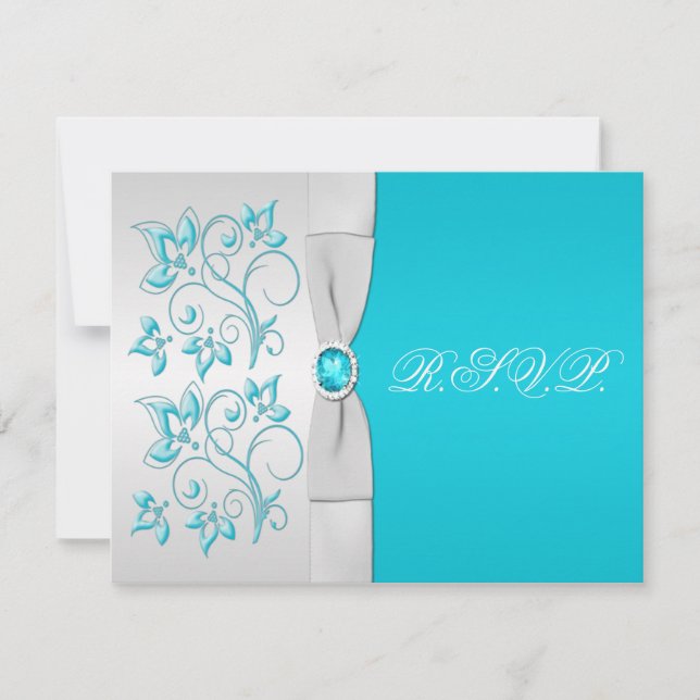 DRUCKBON Türkis, Silver Floral RSVP Karte (Vorderseite)