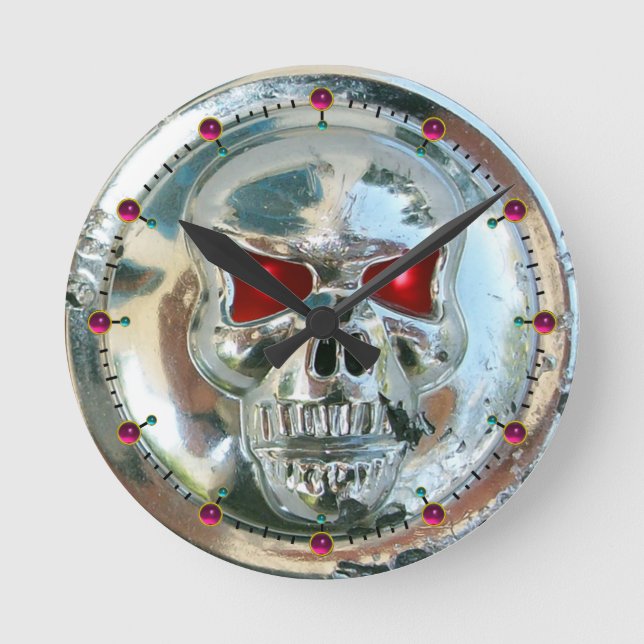 DRUCKchrom-SCHÄDEL rote karminrote Edelsteine Runde Wanduhr (Vorderseite)