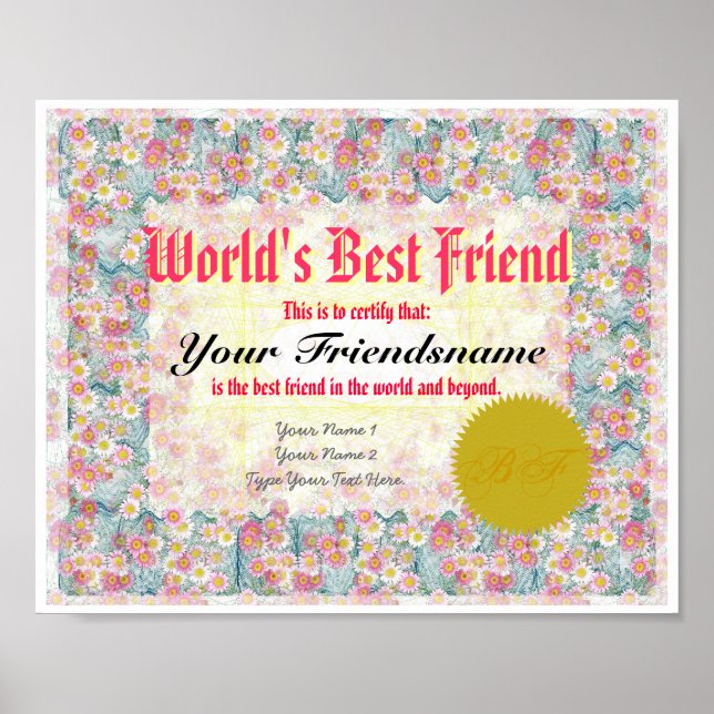 Drucken Sie ein "Best Friend Certificate" der Welt Poster (Vorne)