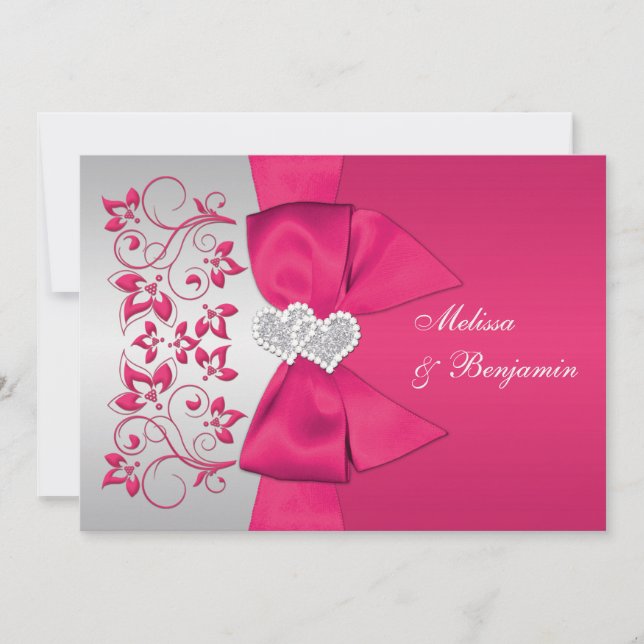 DRUCKENDE RIBBON Rosa, Silver Floral Wedite Einlad Einladung (Vorderseite)