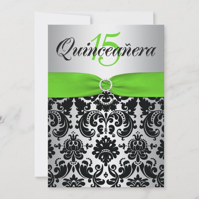 DRUCKER RIBBON Green Silver Black Quinceanera Einladung (Vorderseite)