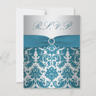 DRUCKER RIBBON-Silber, Aquamarine Damaskus-Antwort RSVP Karte