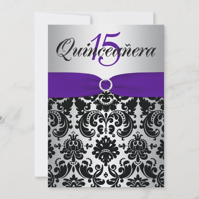 DRUCKER RIBON Lila Silver Black Quinceanera Einladung (Vorderseite)