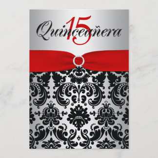 DRUCKER RIBON Rot-Silber-Schwarz-Quinceanera Einladung