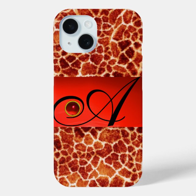 DRUCKGIRAFFE-HAUT-ROTE RUBY GEMSTONE-MONOGRAMM, iPhone 15 HÜLLE (Rückseite)
