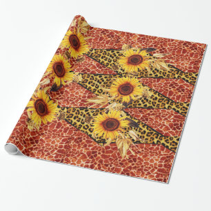 DRUCKGIRAFFE, LEOPARD FUR RIBBON UND SUFLOWEREN GESCHENKPAPIER