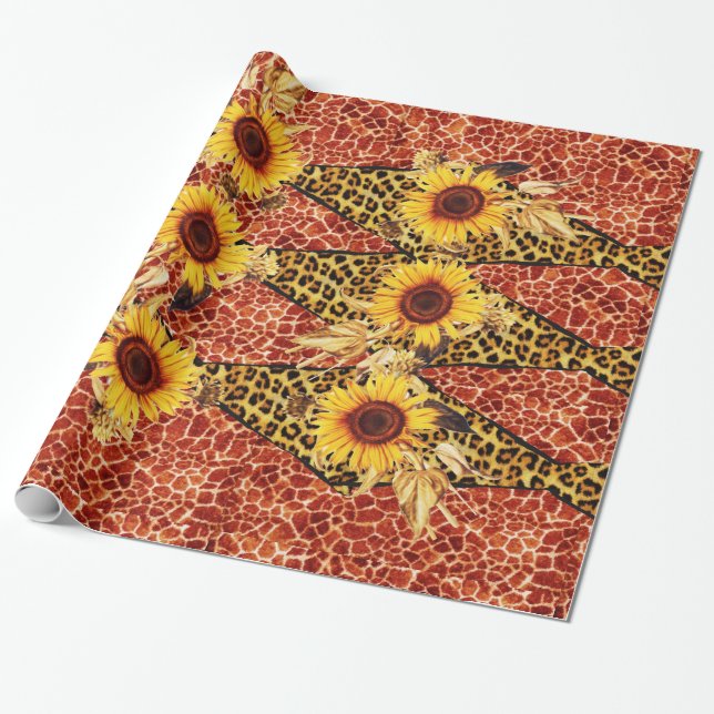 DRUCKGIRAFFE, LEOPARD FUR RIBBON UND SUFLOWEREN GESCHENKPAPIER (Ungerollt)