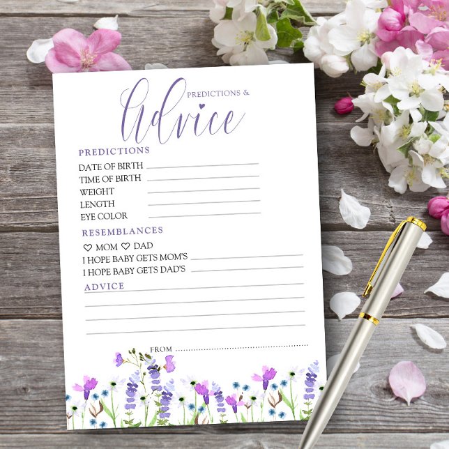 Druckkarte für Vorhersagen und Hinweise zur Wildbl Einladung (Predictions and Advice card from my Purple Wildflower Baby Shower Collection)