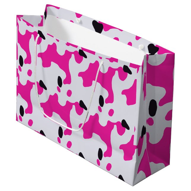 Druckmuster Rosa und Schwarz Kuh Große Geschenktüte (Vorderseite Schrägansicht)