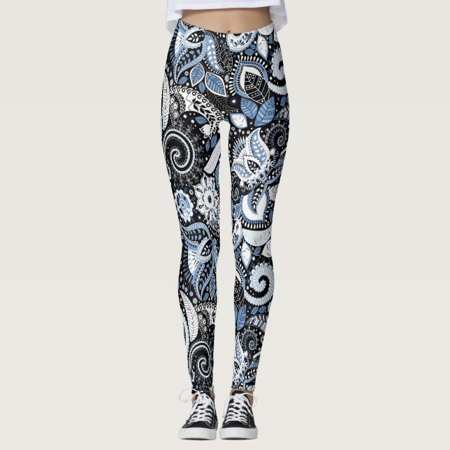 Druckmuster Weiß & Blau Paisley Leggings (Vorderseite)