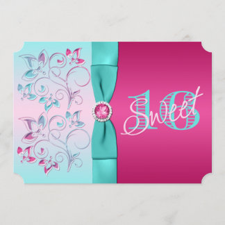 DRUCKPink, Aqua Floral 16 . Geburtstag Einladung