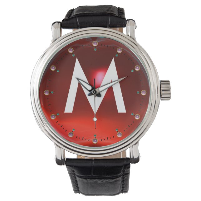 DRUCKROT RUBY GEMSTONE MONOGRAM ARMBANDUHR (Vorderseite)