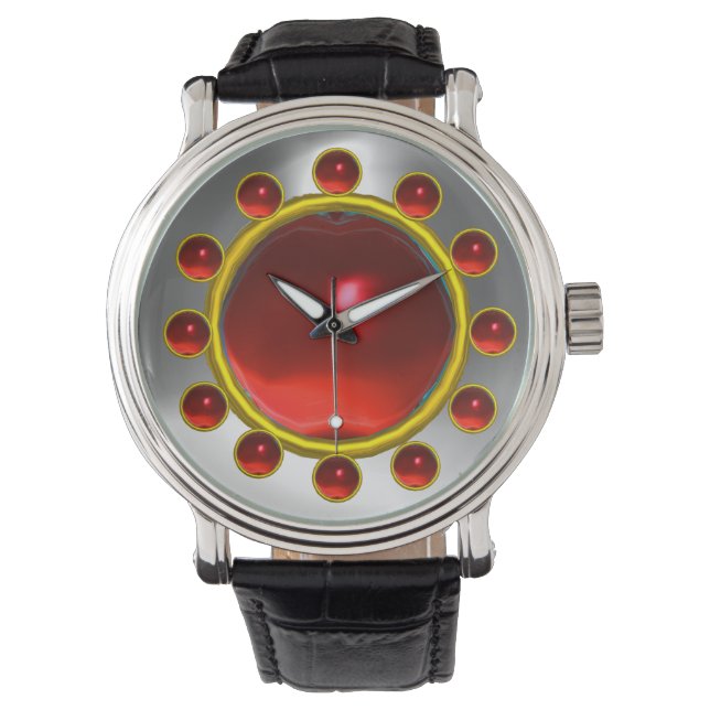 DRUCKTE 3D-ROTE RUBY UND WEISSE GEMSTONEN ARMBANDUHR (Vorderseite)